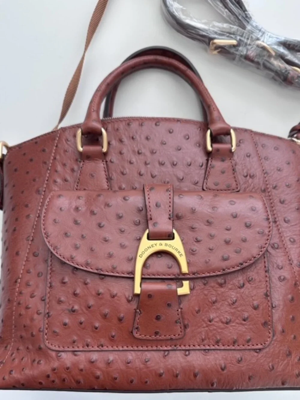 Dooney & Bourke Ostrich Embossed Leather Domed Satchel | Cognac | New with Tags